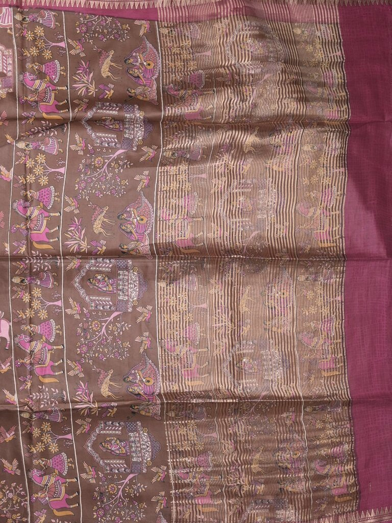 Tussar printed fancy saree with small zari border with printed pallu and plain blouse