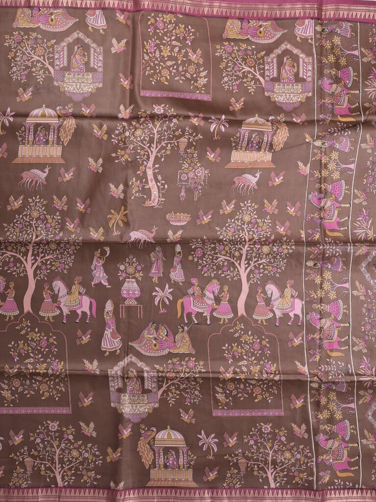Tussar printed fancy saree with small zari border with printed pallu and plain blouse