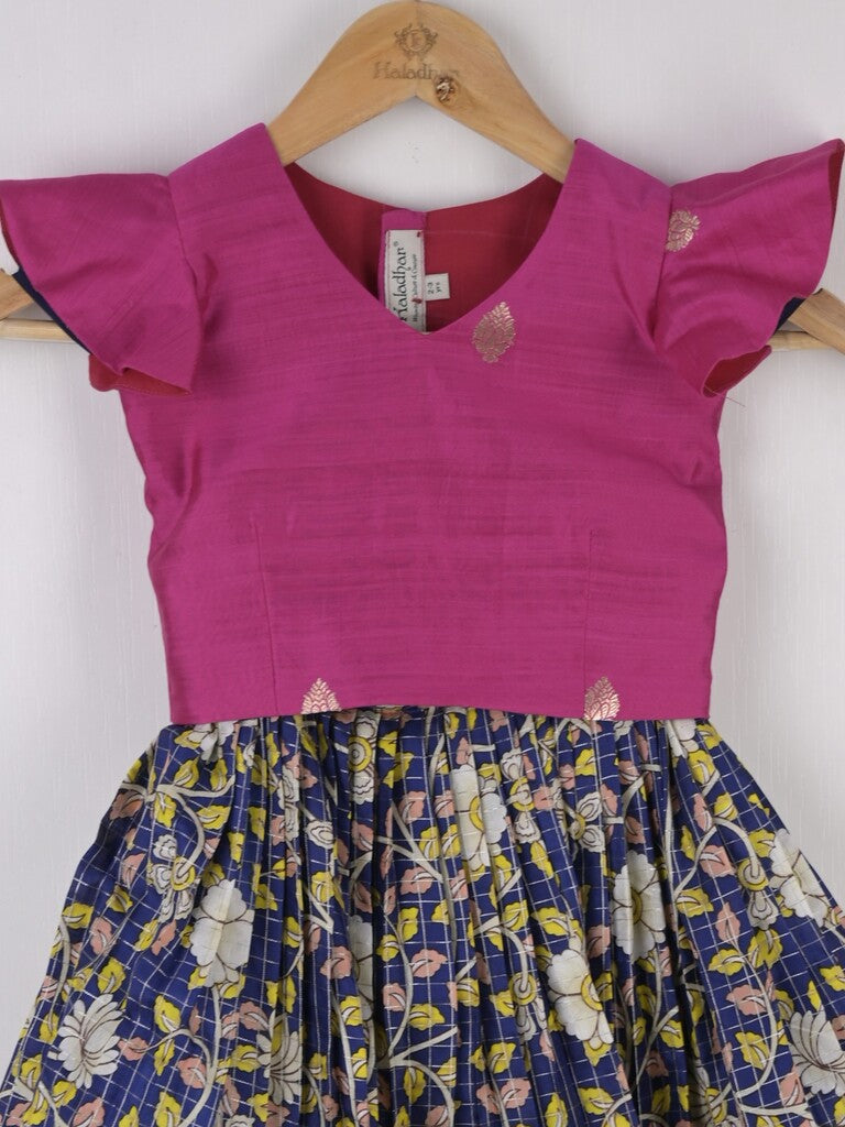 Handcrafted pen kalamkari raw silk kids lehenga 2-3 years