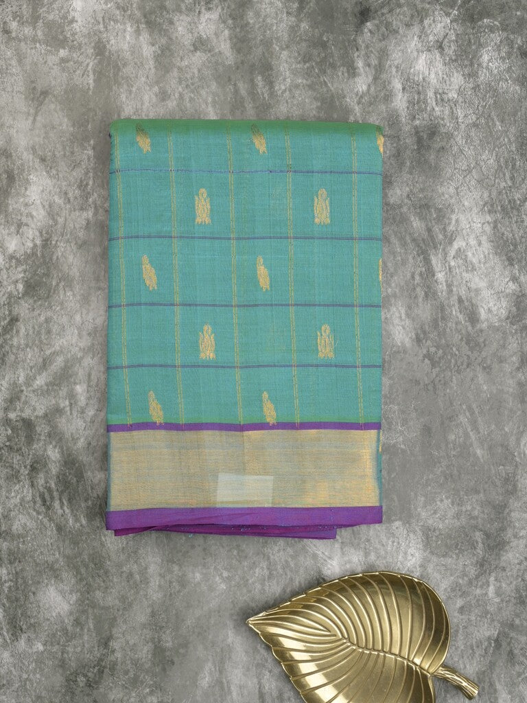 Uppada seiko pattu saree lux green color allover checks, motifs & zari border with contrast pallu and plain blouse