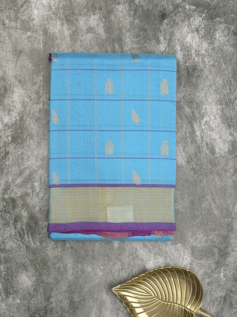 Uppada seiko pattu saree sky blue color allover checks, motifs & zari border with contrast pallu and plain blouse