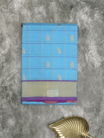 Uppada seiko pattu saree sky blue color allover checks, motifs & zari border with contrast pallu and plain blouse