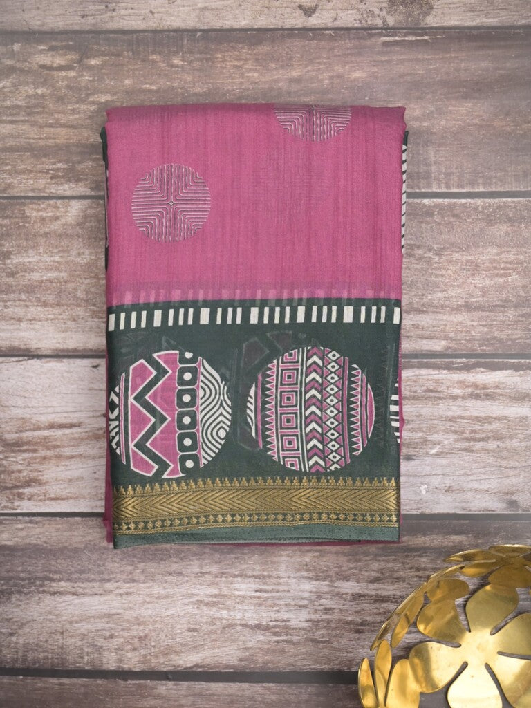 Maheshwari fancy saree purple color allover motifs & zari border with printed pallu and contrast blouse