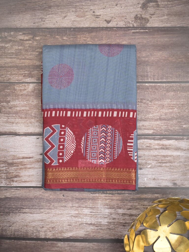 Maheshwari fancy saree light blue color allover motifs & zari border with printed pallu and contrast blouse