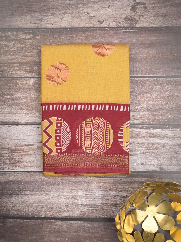 Maheshwari fancy saree golden yellow color allover motifs & zari border with printed pallu and contrast blouse