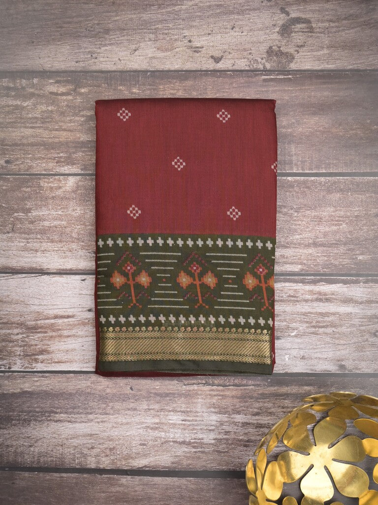 Maheshwari fancy saree maroon color allover motifs & zari border with printed pallu and contrast blouse