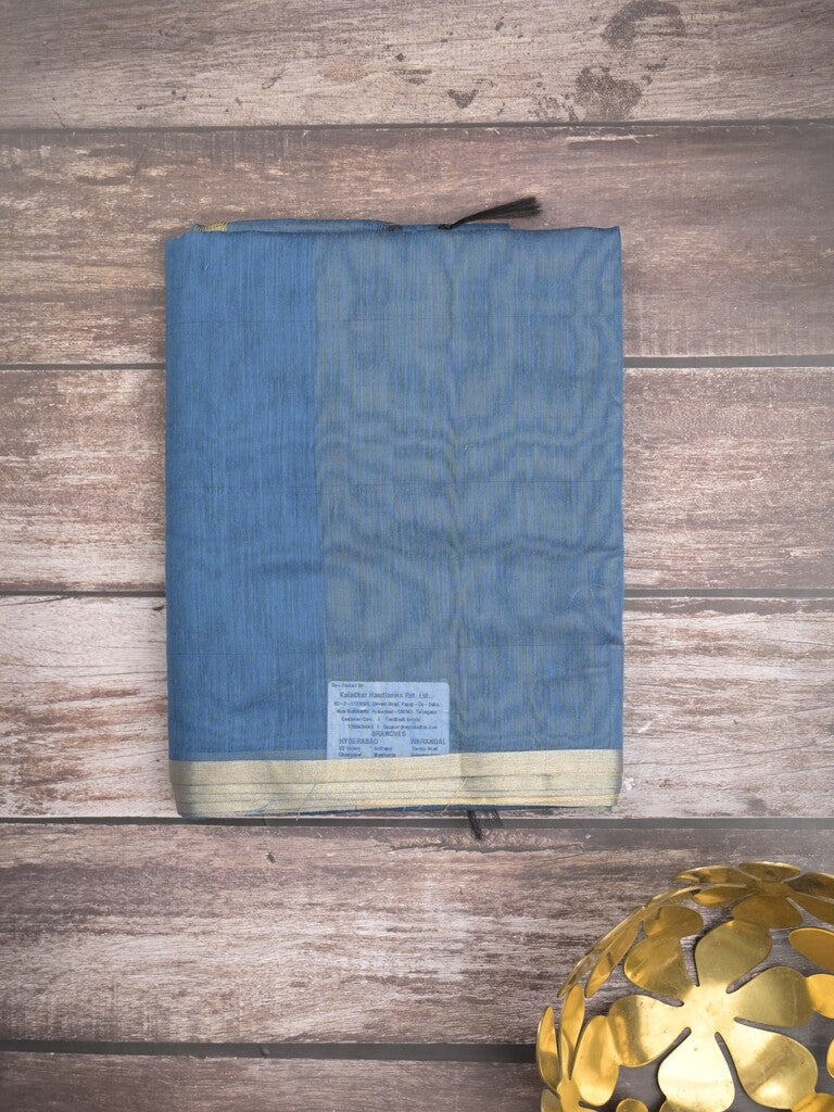 Maheshwari fancy saree blue color allover plain and small kaddi border with contrast plain pallu and attached blouse