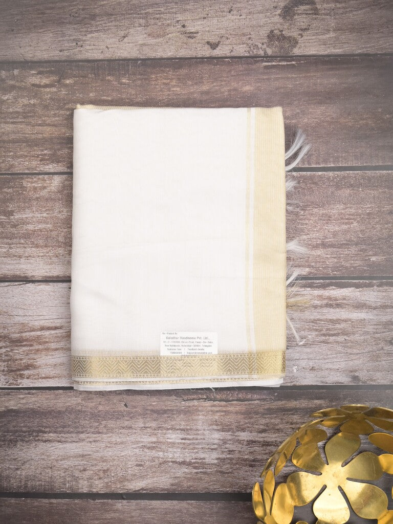 Maheshwari fancy saree white color allover plain and small kaddi border with self pallu and attached blouse