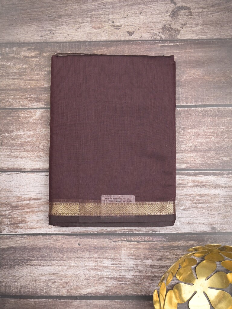Maheshwari fancy saree dark brown color allover plain and small kaddi border with self pallu and attached blouse