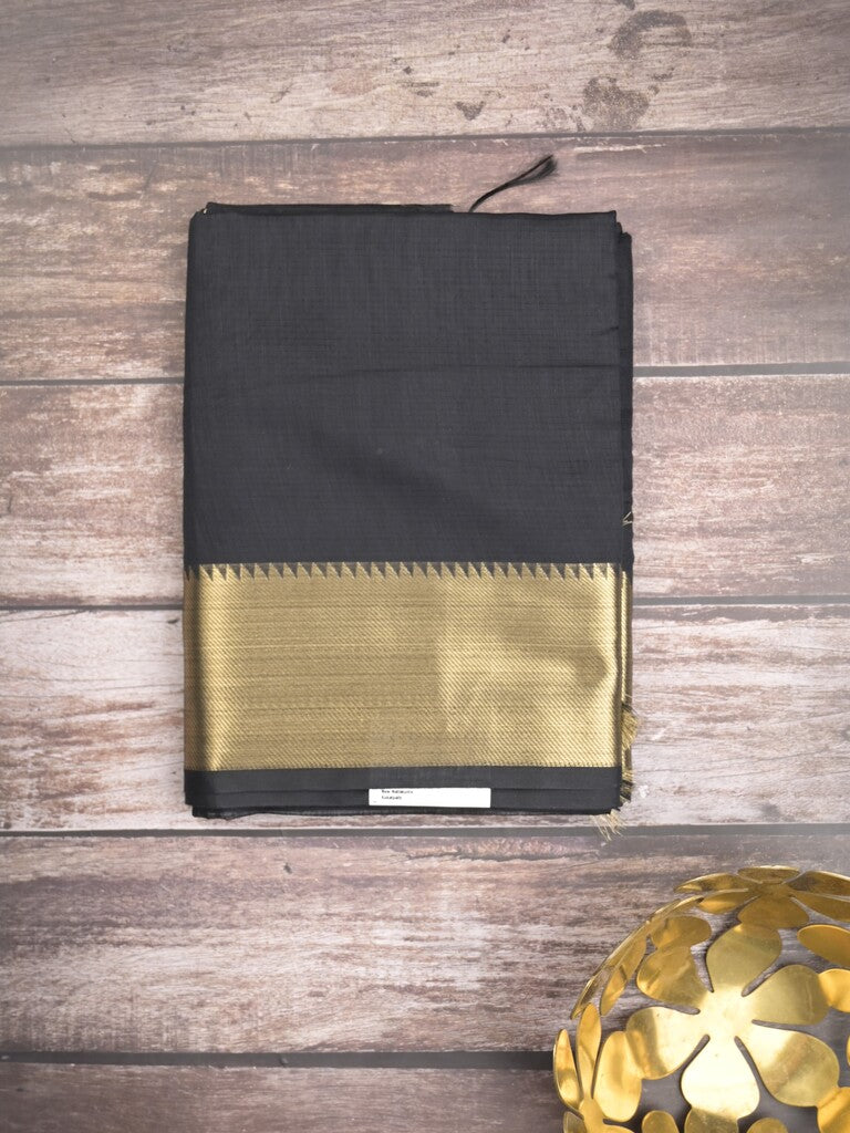 Maheshwari fancy saree black color allover plain and temple border with stripes pallu and attached blouse