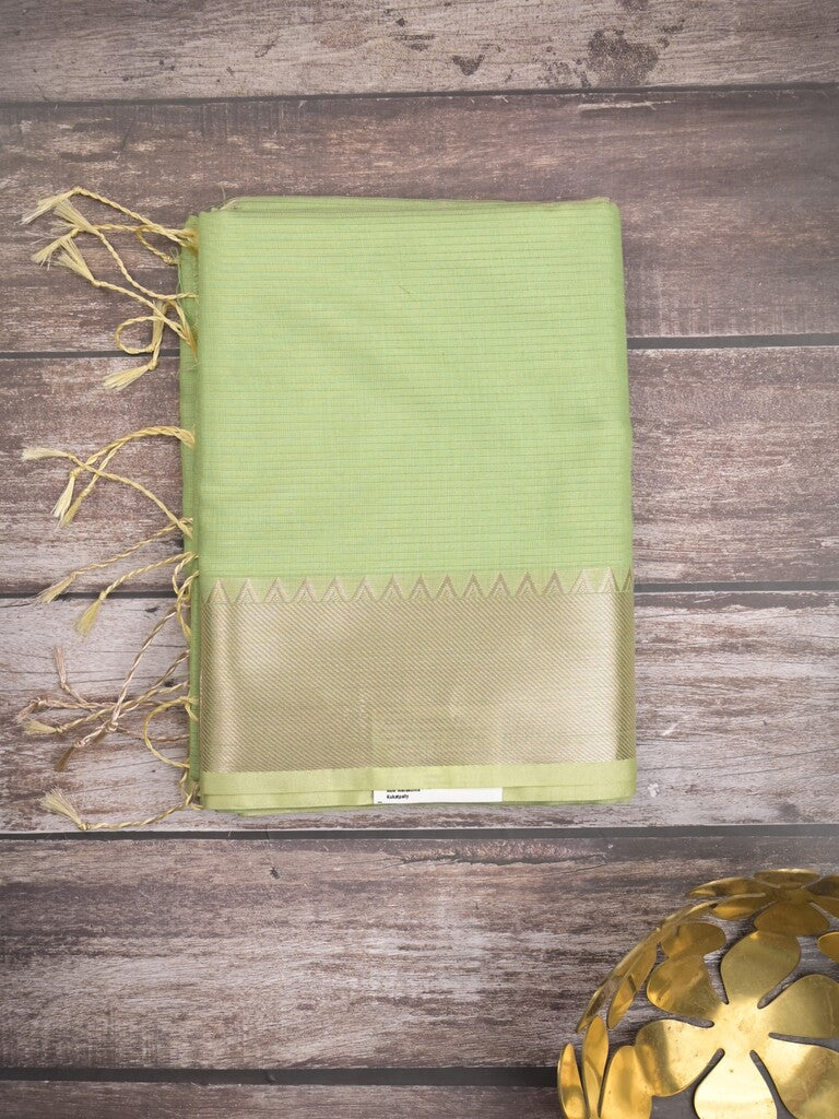 Maheshwari fancy saree pista green color allover plain and temple border with stripes pallu and attached blouse