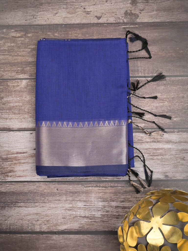 Maheshwari fancy saree royal blue color allover plain and temple border with stripes pallu and attached blouse