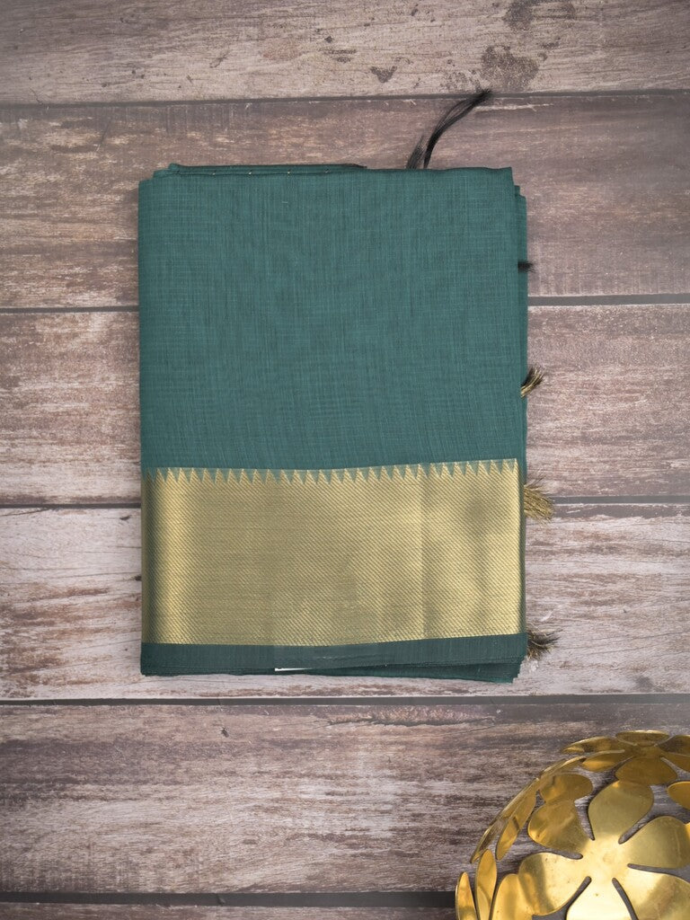 Maheshwari fancy saree peacock green color allover plain and temple border with stripes pallu and attached blouse