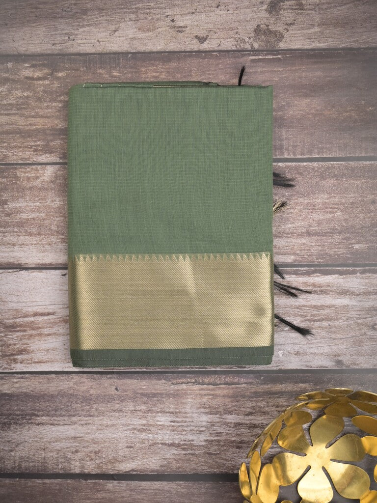 Maheshwari fancy saree leaf green color allover plain and temple border with stripes pallu and attached blouse