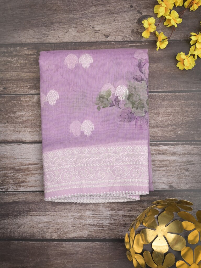 Chanderi fancy saree purple color allover weaves & zari border with rich pallu and attached blouse
