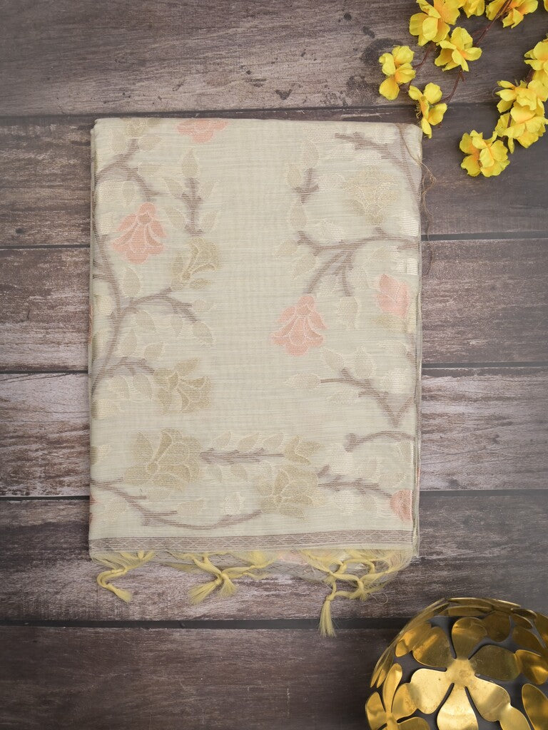Chanderi fancy saree light grey color allover weaves & weaving pallu and attached plain blouse
