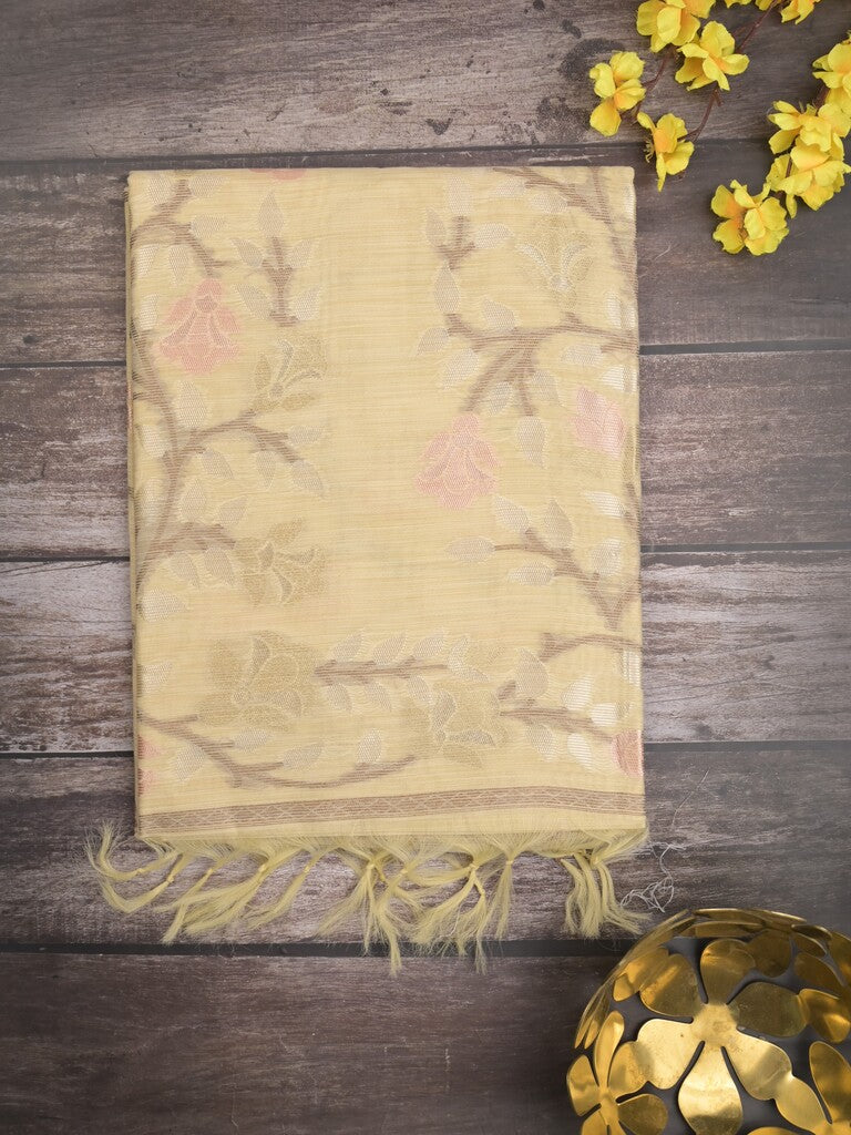 Chanderi fancy saree pastel yellow color allover weaves & weaving pallu and attached plain blouse