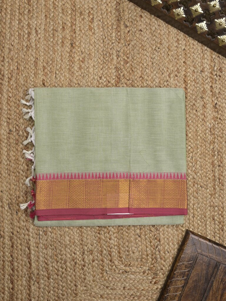 Kanchi cotton plain saree with zari border with attached self blouse