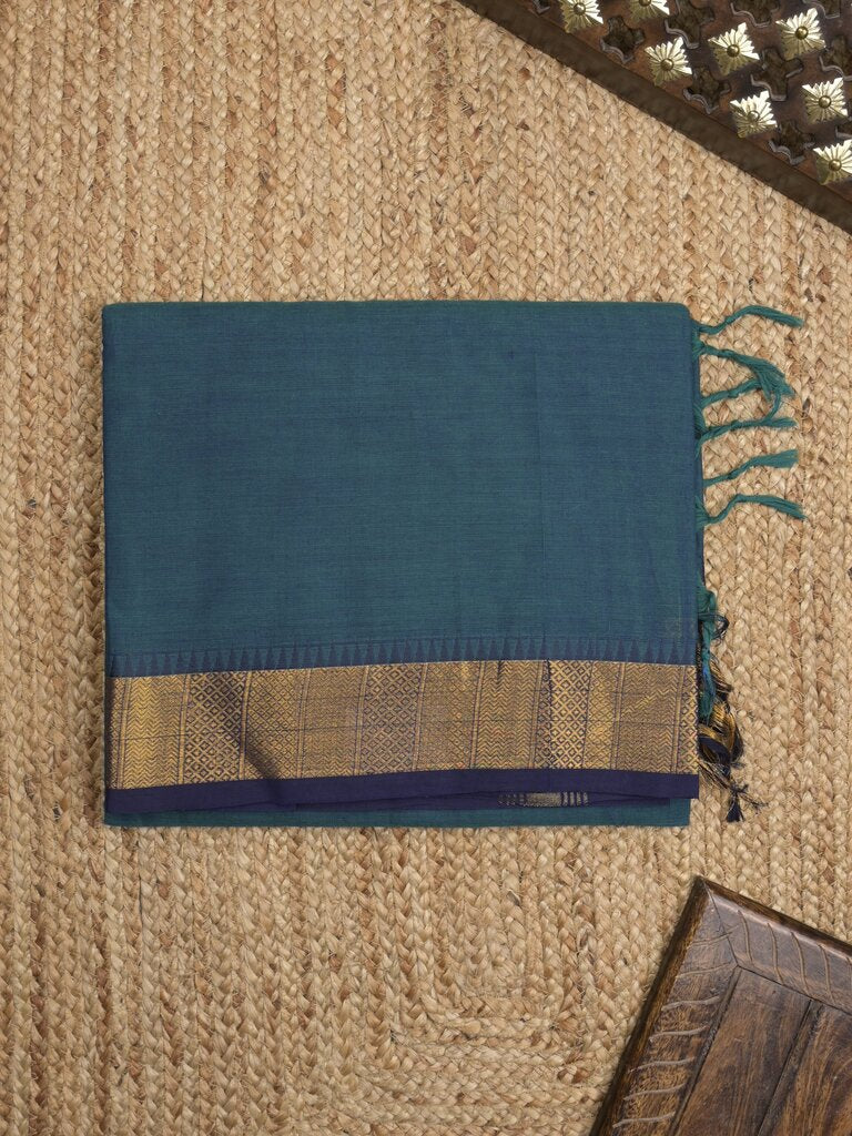 Kanchi cotton plain saree with zari border with attached self blouse