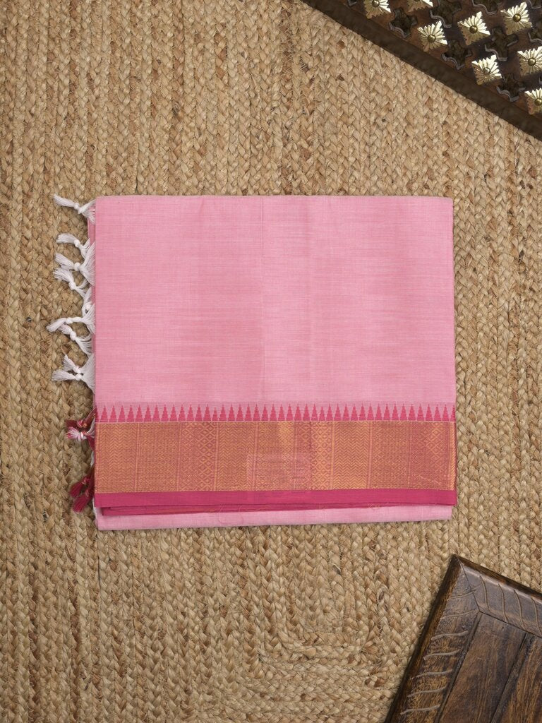 Kanchi cotton plain saree with zari border with attached self blouse