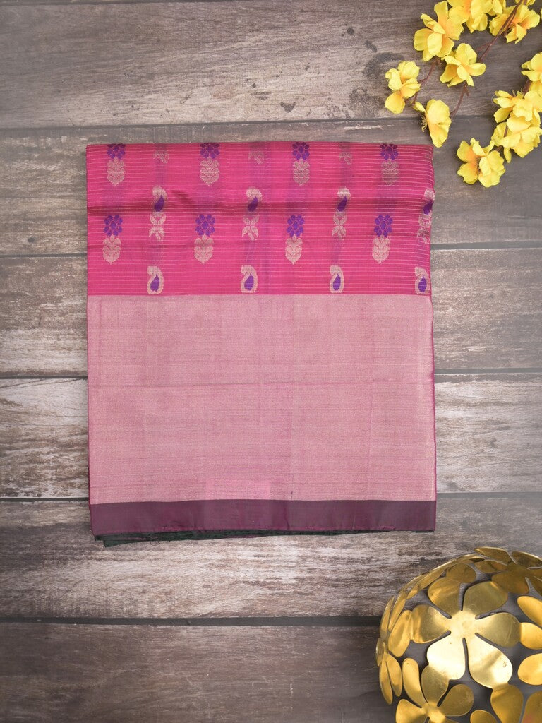 Uppada pattu saree pink color allover zari motifs & long kaddi border with rich pallu and contrast plain blouse