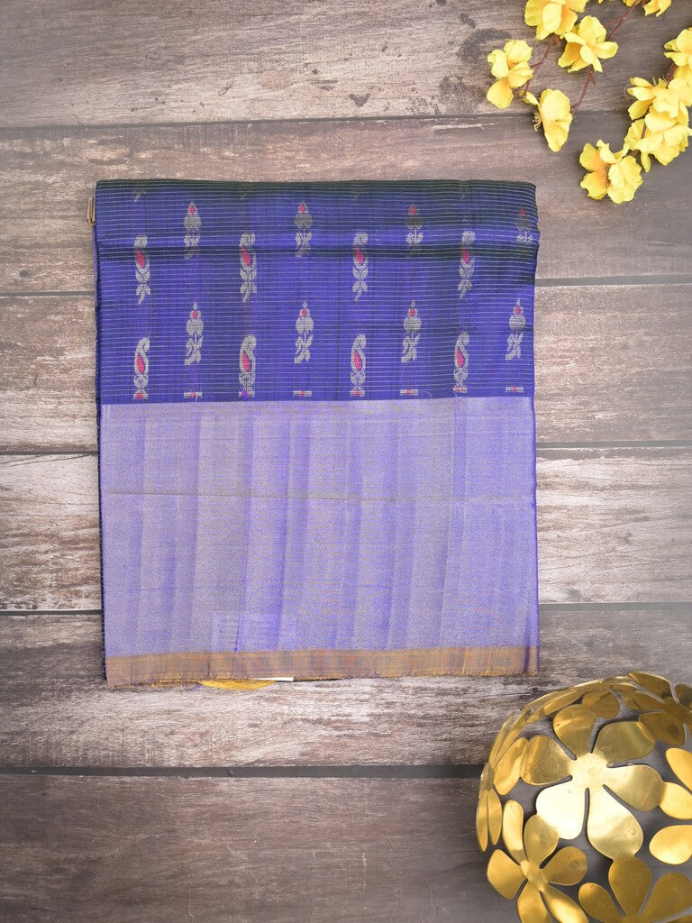 Uppada pattu saree royal blue color allover zari motifs & long kaddi border with rich pallu and contrast plain blouse