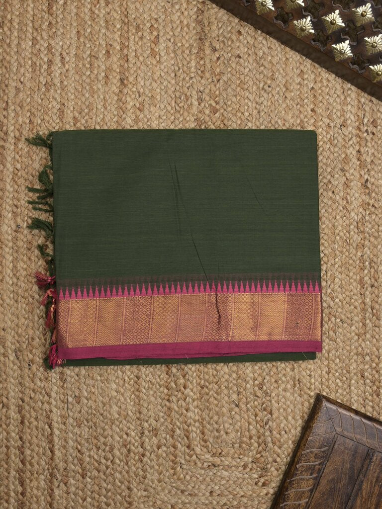Kanchi cotton plain saree with zari border with attached self blouse