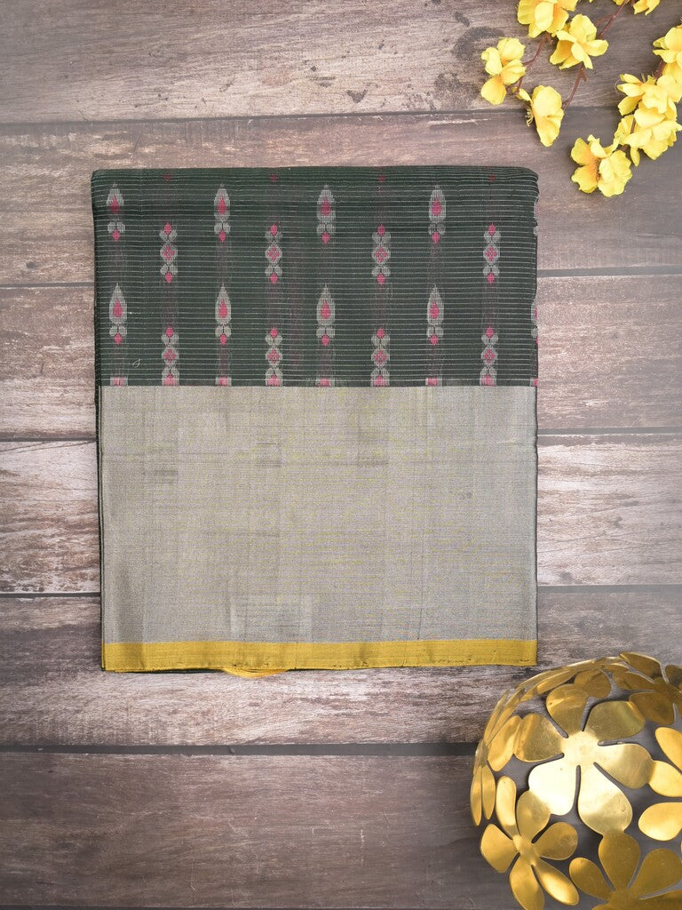 Uppada pattu saree black color allover zari motifs & long kaddi border with rich pallu and contrast plain blouse