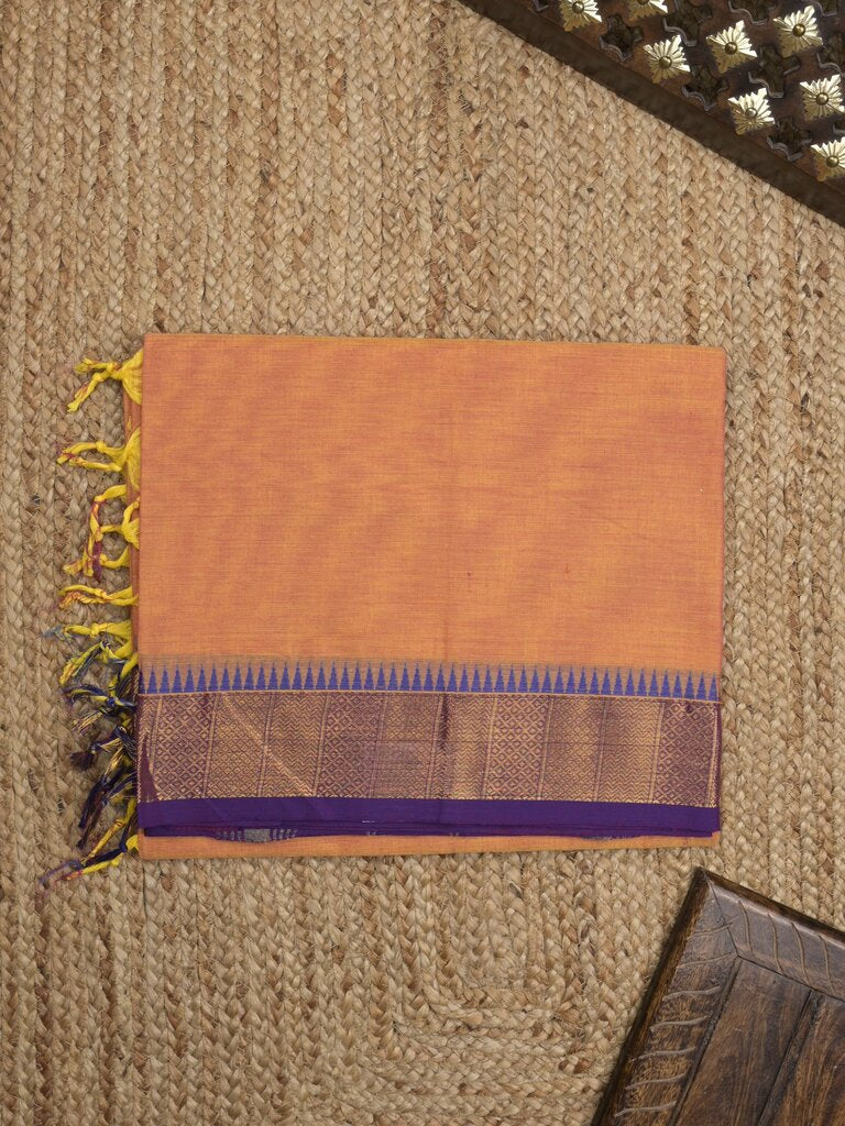 Kanchi cotton plain saree with zari border with attached self blouse