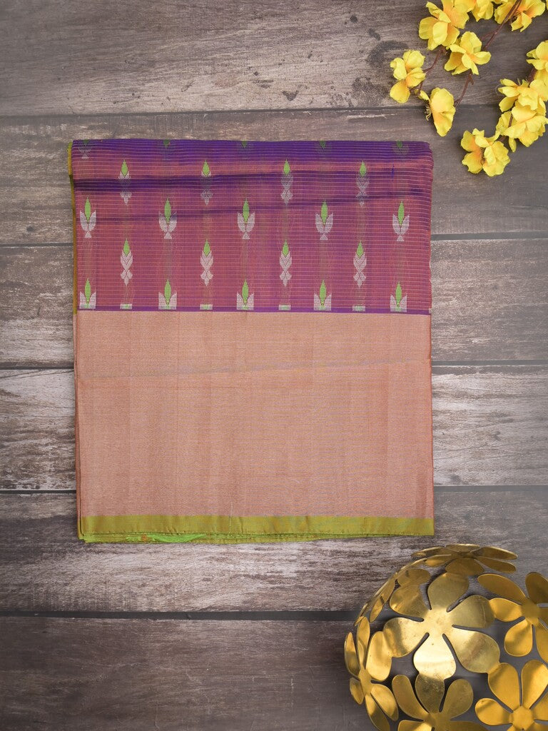 Uppada pattu saree wine color allover zari motifs & long kaddi border with rich pallu and contrast plain blouse