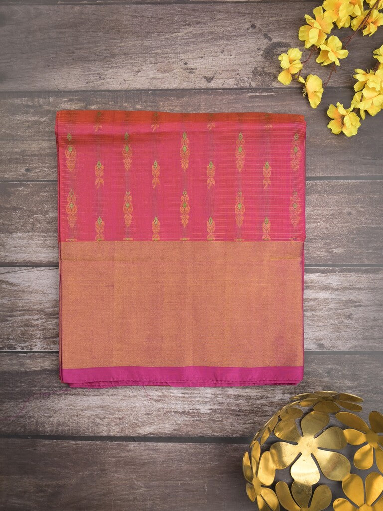 Uppada pattu saree pink color allover zari motifs & long kaddi border with rich pallu and contrast plain blouse