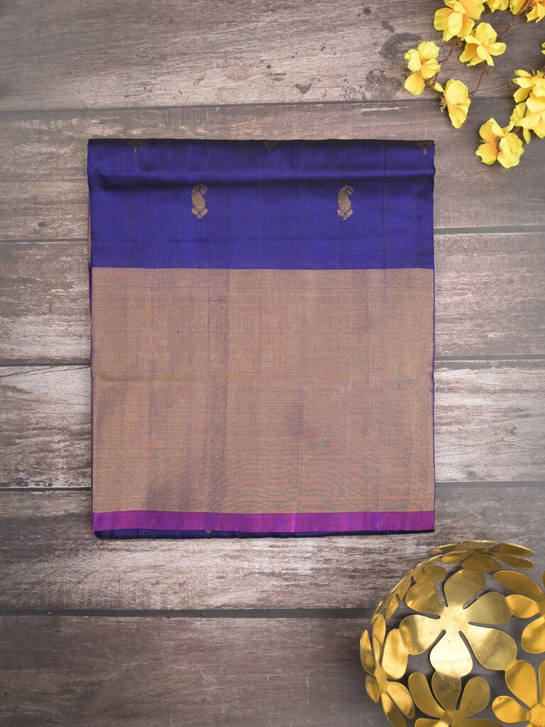 Uppada pattu saree royal blue color allover zari motifs & long kaddi border with rich pallu and contrast plain blouse