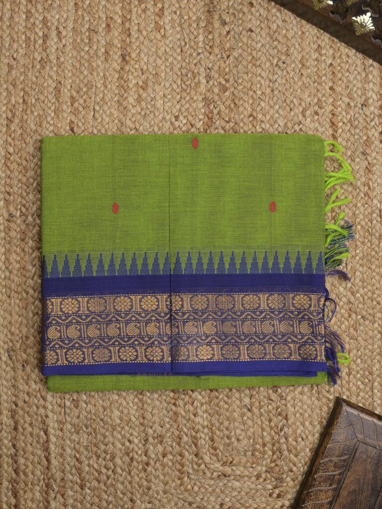 Kanchi cotton saree allover motifs with zari border and attached self blouse