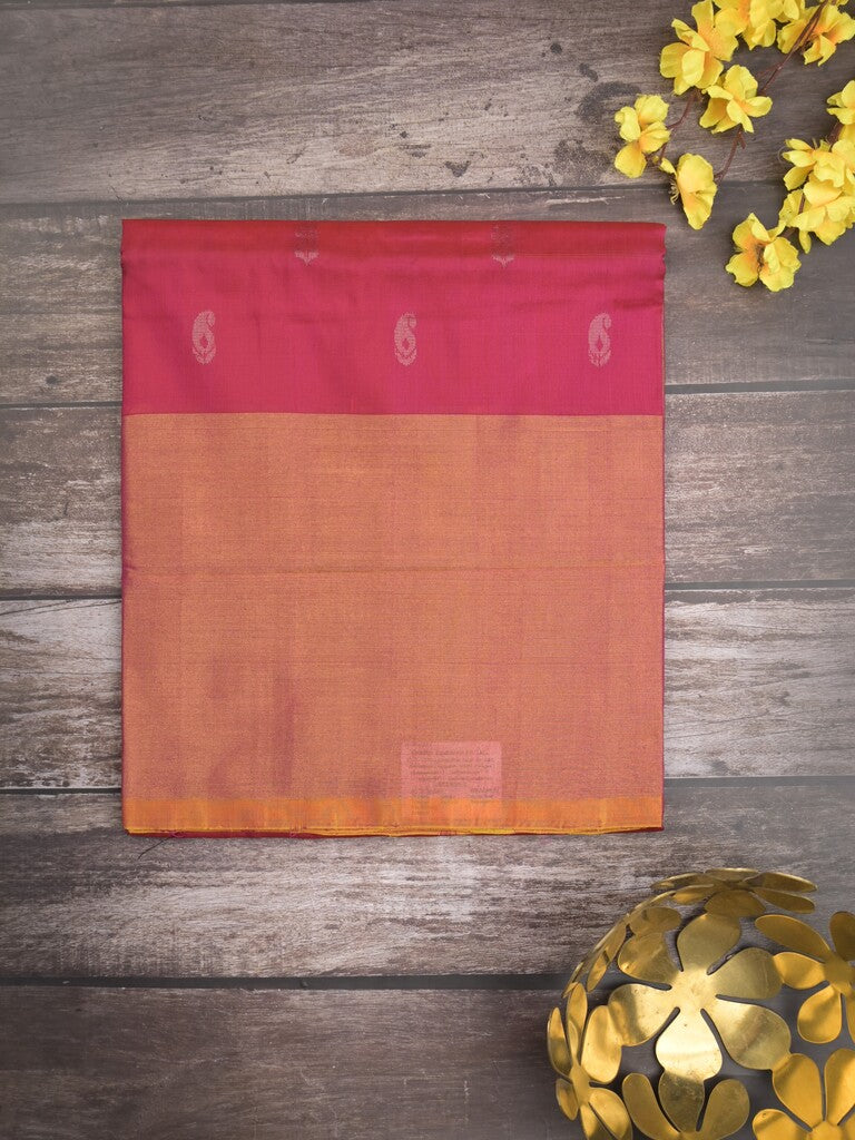 Uppada pattu saree pink color allover zari motifs & long kaddi border with rich pallu and contrast plain blouse