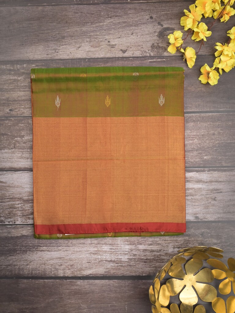 Uppada pattu saree olive green color allover zari motifs & long kaddi border with rich pallu and contrast plain blouse