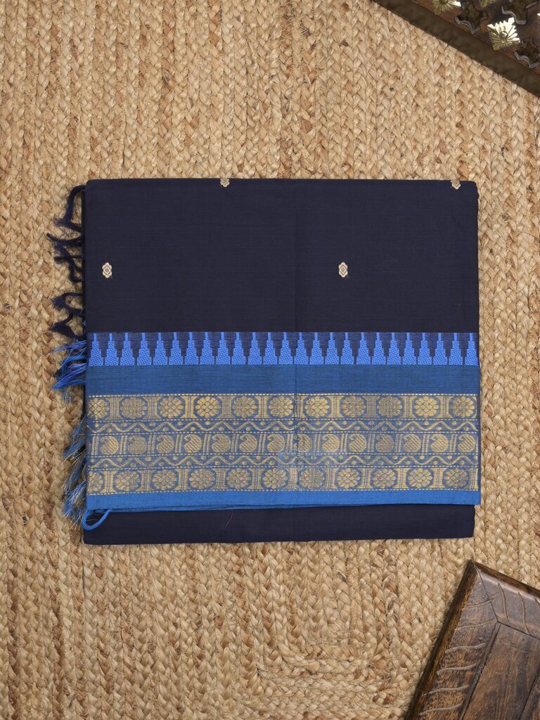 Kanchi cotton saree allover motifs with zari border and attached self blouse