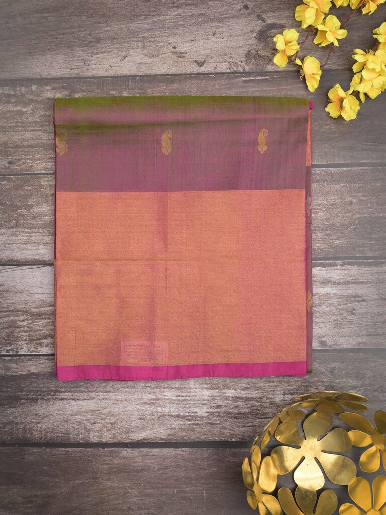Uppada pattu saree greyish pink color allover zari motifs & long kaddi border with rich pallu and contrast plain blouse