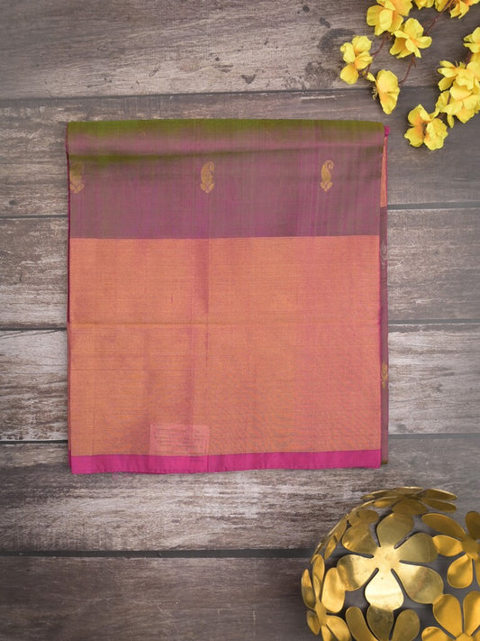 Uppada pattu saree greyish pink color allover zari motifs & long kaddi border with rich pallu and contrast plain blouse