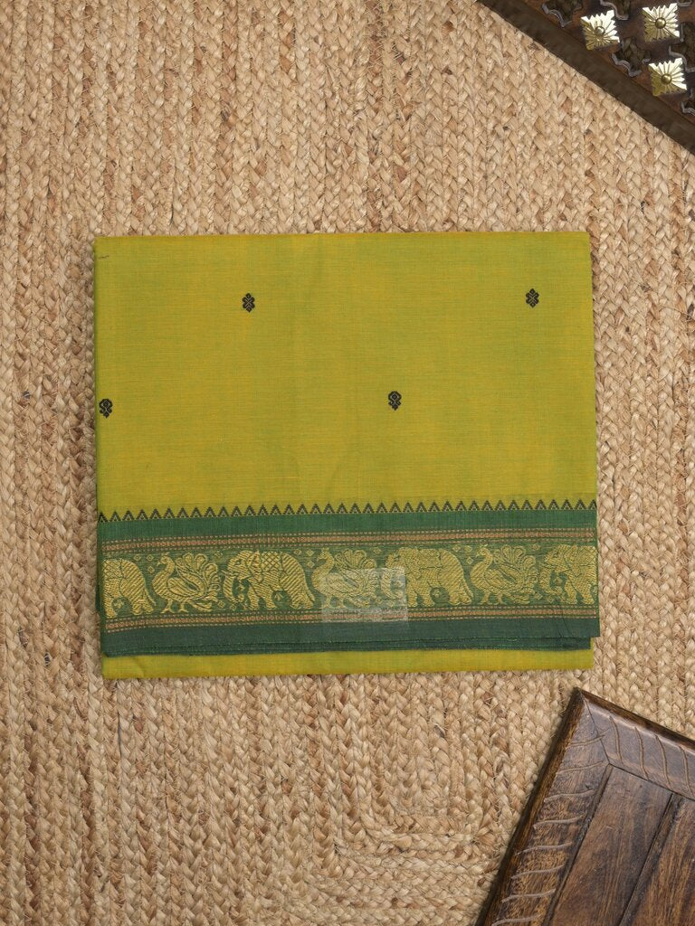 Kanchi cotton saree allover motifs and zari border with attached self-blouse