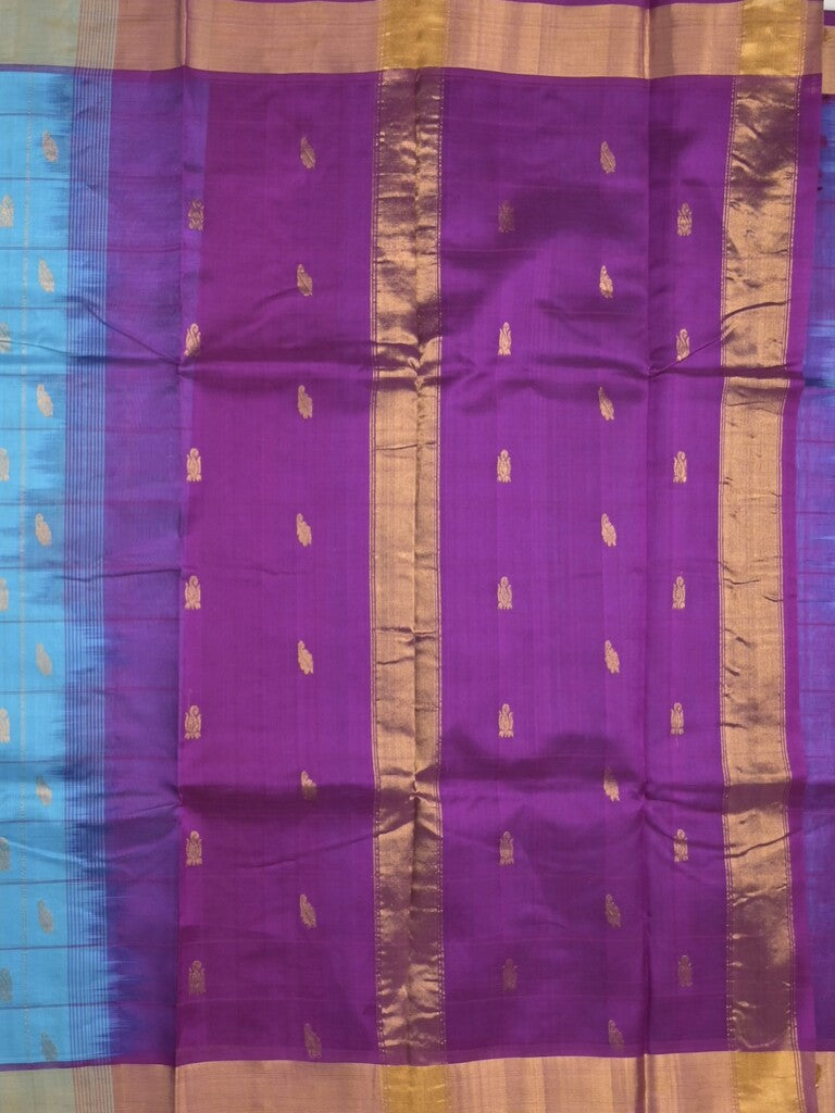 Uppada seiko pattu saree sky blue color allover checks, motifs & zari border with contrast pallu and plain blouse