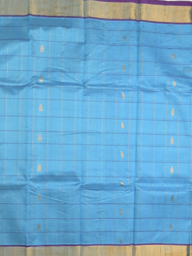 Uppada seiko pattu saree sky blue color allover checks, motifs & zari border with contrast pallu and plain blouse