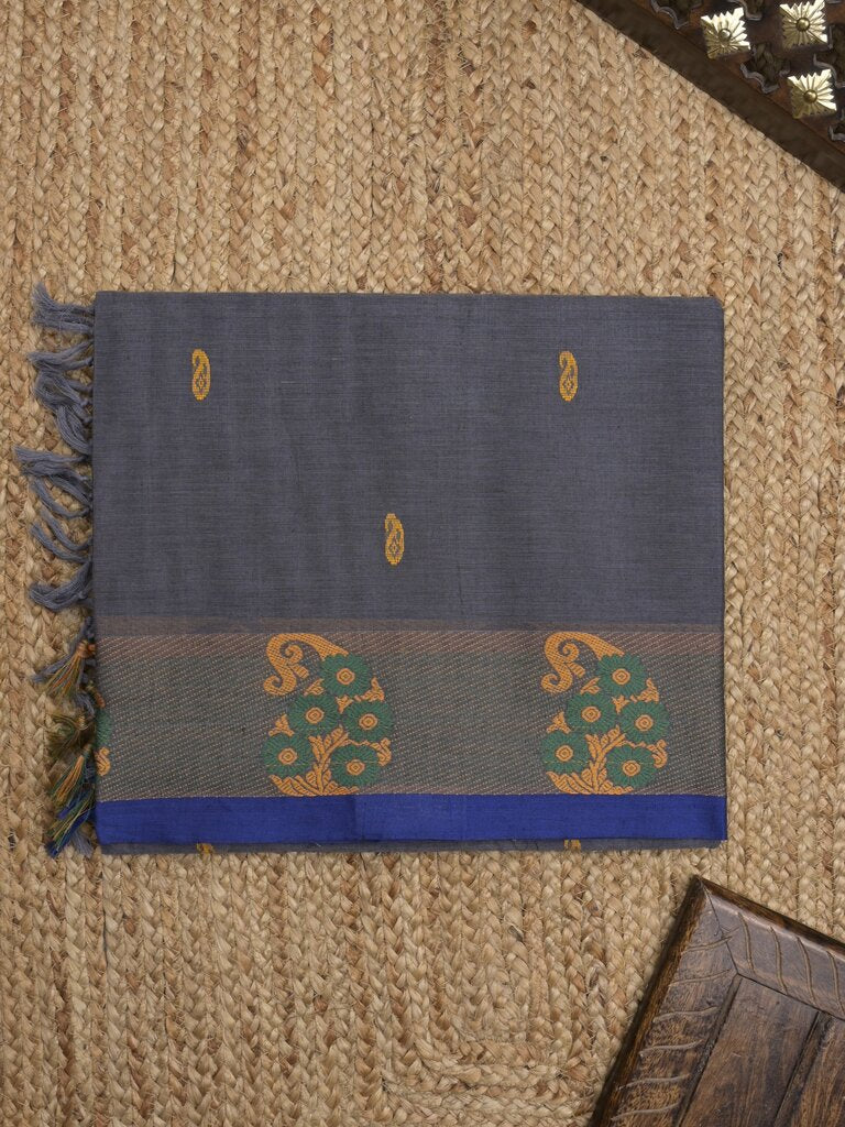 Kanchi cotton saree allover motifs and weaving border with attached self blouse