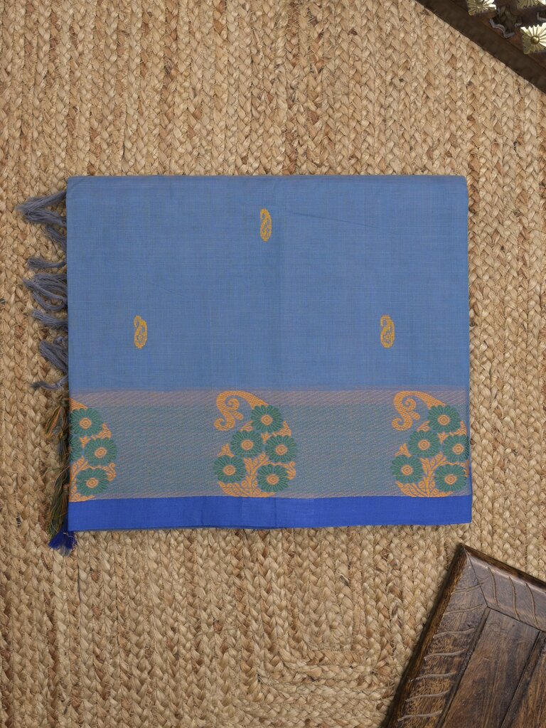 Kanchi cotton saree allover motifs and weaving border with attached self blouse