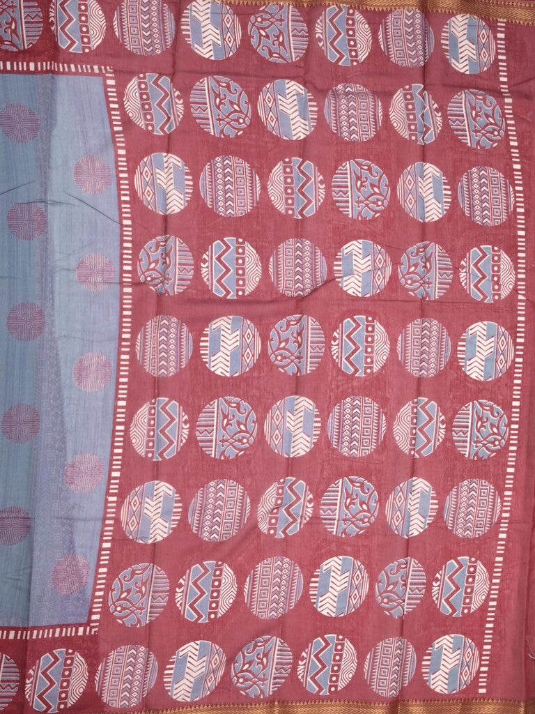 Maheshwari fancy saree light blue color allover motifs & zari border with printed pallu and contrast blouse