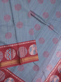 Maheshwari fancy saree light blue color allover motifs & zari border with printed pallu and contrast blouse