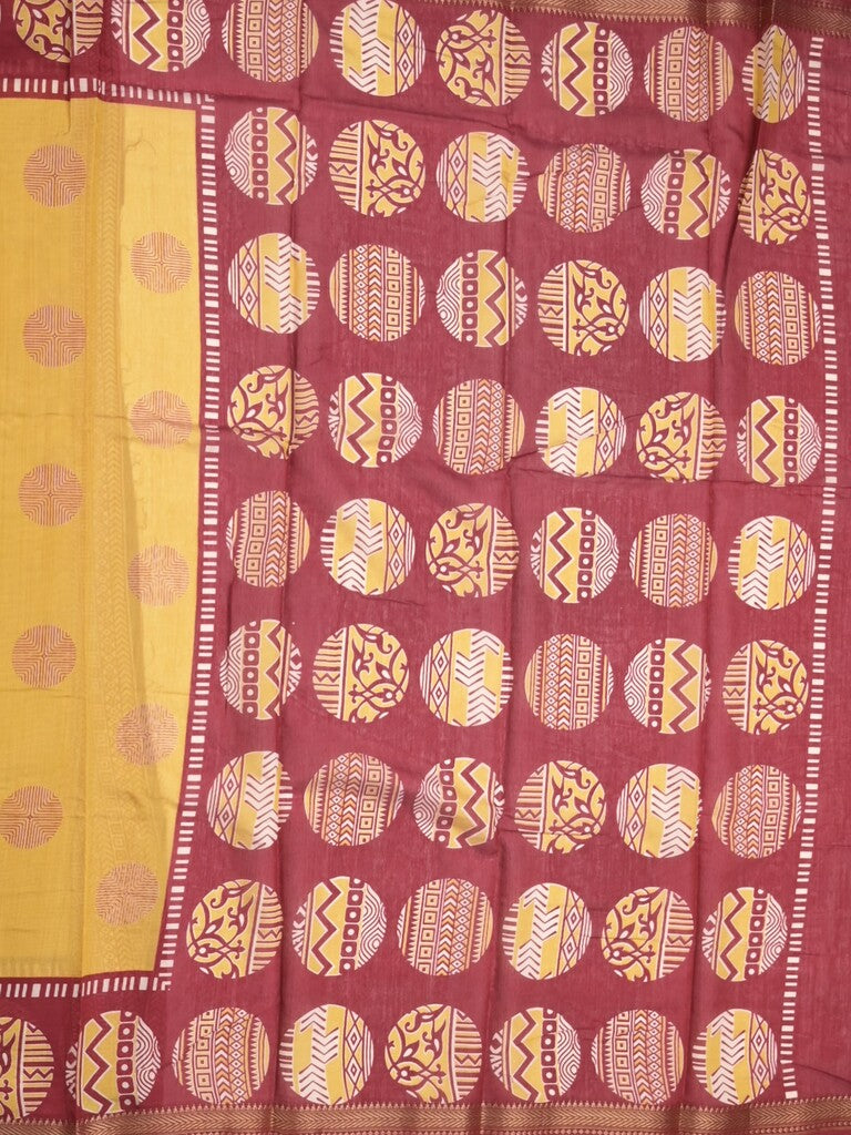 Maheshwari fancy saree golden yellow color allover motifs & zari border with printed pallu and contrast blouse