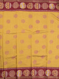 Maheshwari fancy saree golden yellow color allover motifs & zari border with printed pallu and contrast blouse