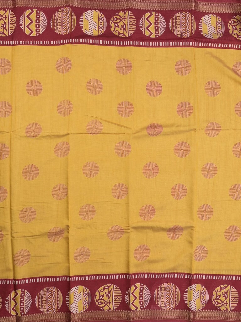 Maheshwari fancy saree golden yellow color allover motifs & zari border with printed pallu and contrast blouse