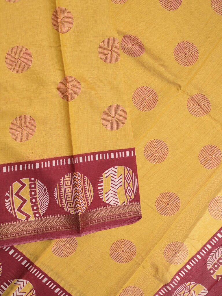 Maheshwari fancy saree golden yellow color allover motifs & zari border with printed pallu and contrast blouse