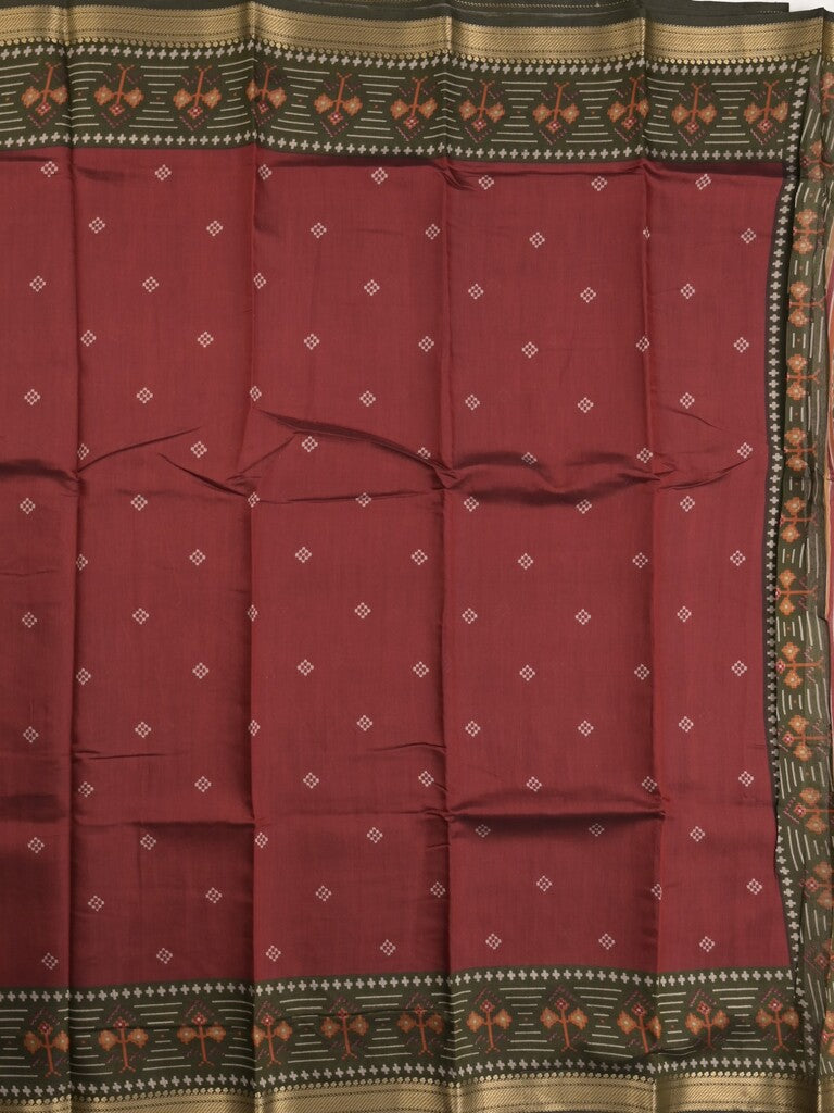 Maheshwari fancy saree maroon color allover motifs & zari border with printed pallu and contrast blouse